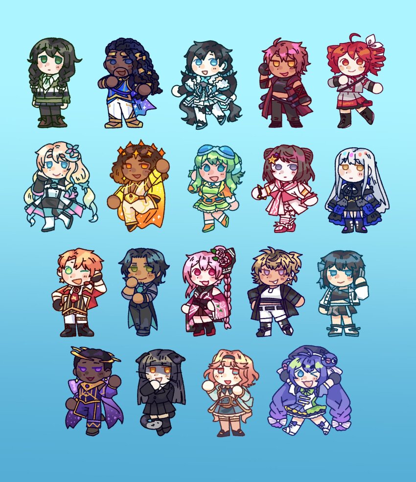 2others 4boys 6+girls :d :| ;d ahoge aqua_eyes aqua_necktie asterian_(synthesizer_v) bang_dream! black_gloves black_hair black_jacket black_pants black_shoes black_skirt black_vest blonde_hair blue_background blue_eyes blue_hair blue_skirt blush braid brown_hair brown_shoes buzz_cut closed_mouth commentary dark-skinned_male dark_skin dot_nose dress drill_hair english_commentary flower frimomen_(voicepeak) full_body gloves goggles goggles_on_head gradient_background gradient_hair green_eyes green_hair green_jacket green_necktie grey_eyes grey_hair grey_shirt gumi gumi_(sv) hair_flower hair_ornament hanakuma_chifuyu haruno_sora haruno_sora_(sv) hibiki_koto highres hoshizora_lone jacket jun_(synthesizer_v) kasane_teto kasane_teto_(sv) minato_yukina miyamai_moca multicolored_hair multiple_boys multiple_girls multiple_others necktie noa_(synthesizer_v) nyl_(synthesizer_v) one_eye_closed open_clothes open_jacket open_mouth orange_eyes orange_hair orange_jacket oscar_(utau) otomachi_una otomachi_una_(sv) pants pink_eyes pink_flower pink_hair popy_(yumenokessho) puffy_short_sleeves puffy_sleeves purple_eyes red_hair rosa_(cevio) rose_(yumenokessho) saros_(synthesizer_v) shirt shoes short_hair short_sleeves side_braid skirt smile standing star_(symbol) star_hair_ornament streaked_hair synthesizer_v tail topaz_(synthesizer_v) toyama_kasumi twin_drills utau very_short_hair vest vocaloid whiskers white_pants white_shirt white_shoes xia_yu_yao yellow_eyes yumenokessho