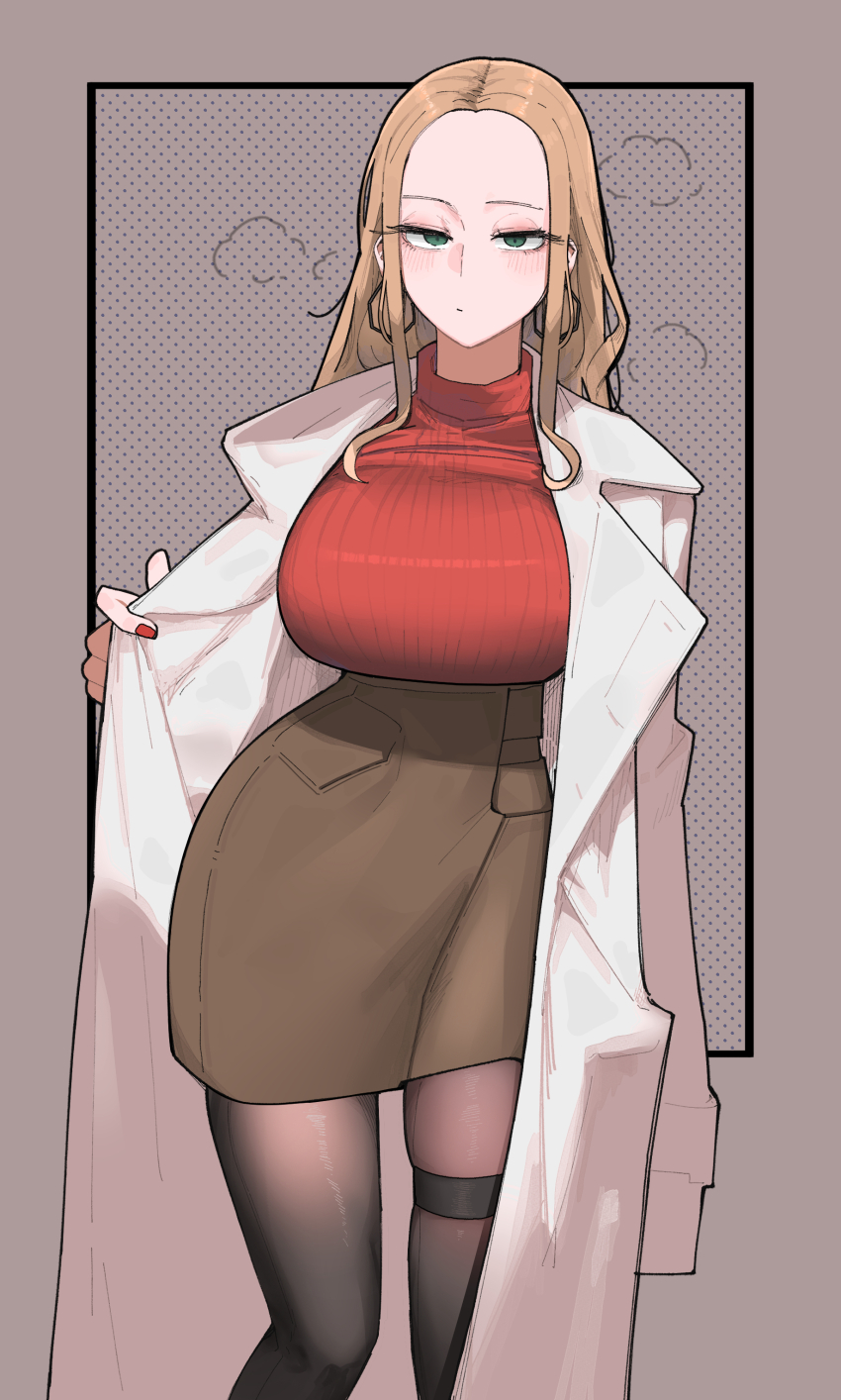 1girl absurdres azz0422 black_pantyhose blush breasts brown_background brown_hair brown_skirt coat cowboy_shot earrings green_eyes hexagon_earrings high-waist_skirt highres jewelry large_breasts long_hair mature_female nail_polish nintendo oleana_(pokemon) open_clothes open_coat outside_border pantyhose pokemon pokemon_swsh polka_dot_border red_nails red_sweater sidelocks simple_background skindentation skirt solo sweater sweater_tucked_in thigh_strap white_coat