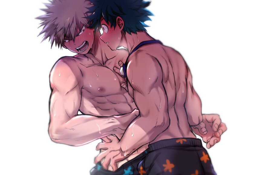2boys abs back back_muscles bakugou_katsuki black_male_underwear blonde_hair boku_no_hero_academia chiyaya collarbone embarrassed green_hair hand_on_another&#039;s_hip highres looking_at_another male_focus male_underwear midoriya_izuku multiple_boys muscular muscular_male nipples open_mouth parted_bangs parted_lips pectorals short_hair simple_background sweat teeth tongue topless_male underwear very_sweaty white_background yaoi