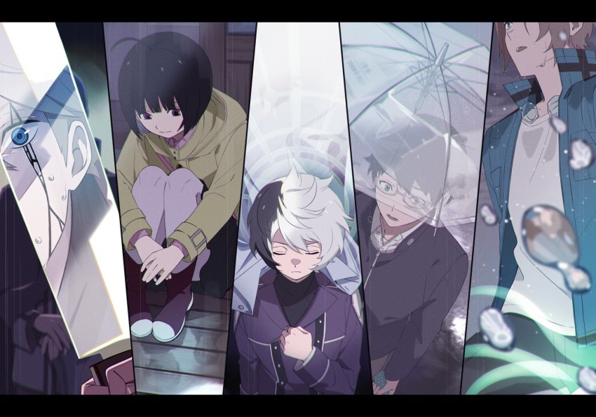 1girl 5boys ahoge amatori_chika bad_id bad_twitter_id black_hair black_jacket black_pants black_shirt blue_eyes blue_jacket bob_cut boots cloak closed_eyes closed_mouth column_lineup expressionless glasses green_eyes hand_up holding holding_phone holding_sword holding_weapon hyuse jacket jewelry jin_yuuichi knees_up kuga_yuuma letterboxed long_sleeves looking_away looking_down mikumo_osamu multicolored_hair multiple_boys open_mouth pants phone purple_eyes purple_jacket rain reflection ring shirt short_hair sitting sword transparent transparent_umbrella two-tone_hair umbrella viza water_drop weapon wet_face white_hair white_shirt world_trigger yawai_tofu yellow_jacket