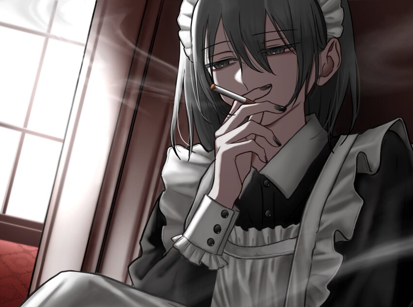 1other apron arata20250328 black_nails black_shirt buttons cigarette commentary commission covered_mouth frilled_apron frilled_wrist_cuffs frills grey_eyes grey_hair hair_between_eyes hand_up highres holding holding_cigarette indoors long_sleeves maid maid_apron maid_headdress original shirt short_hair skeb_commission smoke smoke_trail smoking solo white_apron white_wrist_cuffs window wing_collar wrist_cuffs