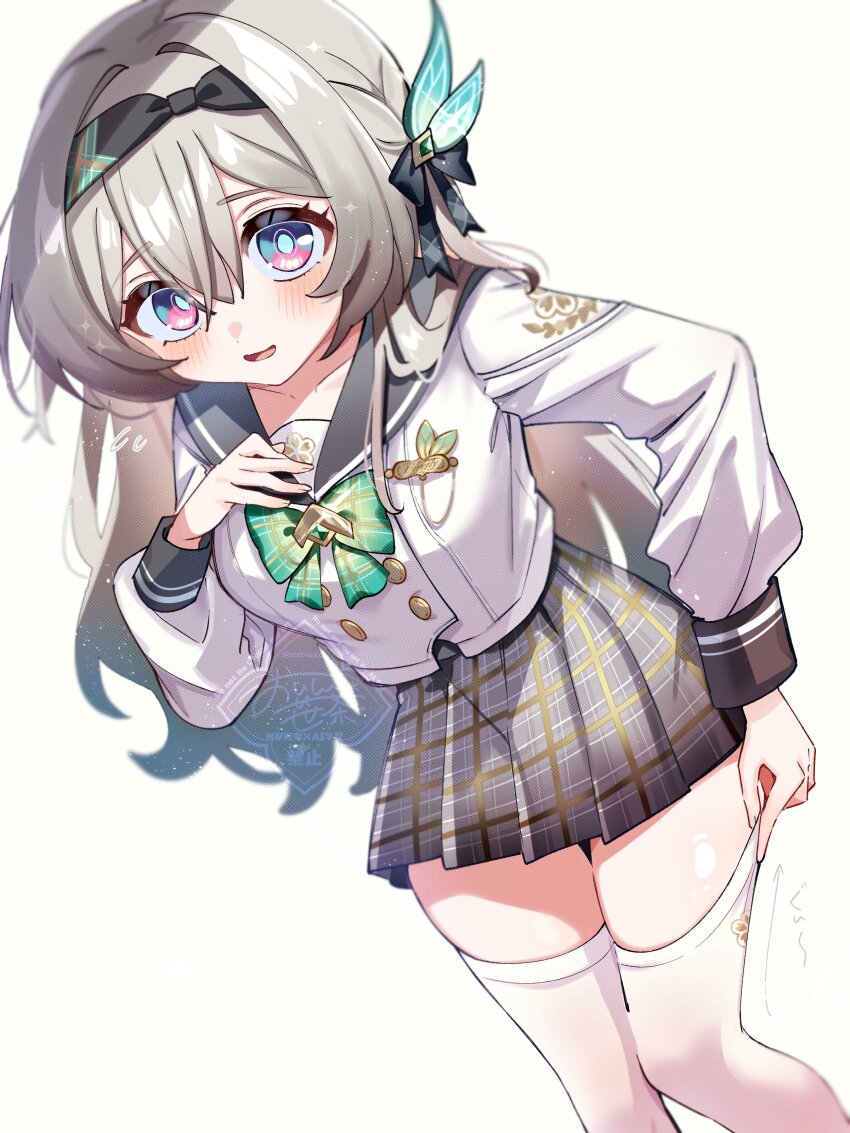 1girl absurdres black_hairband blush bow bowtie checkered_bow checkered_bowtie checkered_clothes checkered_skirt collared_shirt firefly_(honkai:_star_rail) firefly_(spring_missive)_(honkai:_star_rail) gradient_eyes gradient_hair green_bow green_bowtie green_pupils grey_hair grey_sailor_collar grey_skirt hair_between_eyes hair_intakes hair_ornament hair_ribbon hairband hand_on_own_chest highres honkai:_star_rail honkai_(series) long_hair long_sleeves multicolored_eyes multicolored_hair oishii_sasa open_mouth pleated_skirt ribbon sailor_collar shirt simple_background skirt smile solo thighhighs two-tone_eyes white_background white_shirt white_sleeves white_thighhighs