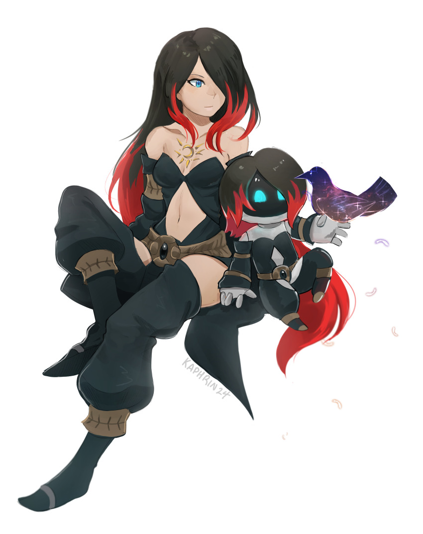 1girl absurdres astro_bot_(series) bare_shoulders belt bird black_footwear black_hair blue_eyes boots breasts cleavage clothing_cutout crossover crow crow_(gravity_daze) detached_sleeves gravity_daze gravity_daze_2 hair_over_one_eye highres hip_vent kaphrin knee_boots long_hair long_sleeves multicolored_hair navel red_hair revealing_clothes robot stomach stomach_cutout strapless two-tone_hair xii_(gravity_daze)
