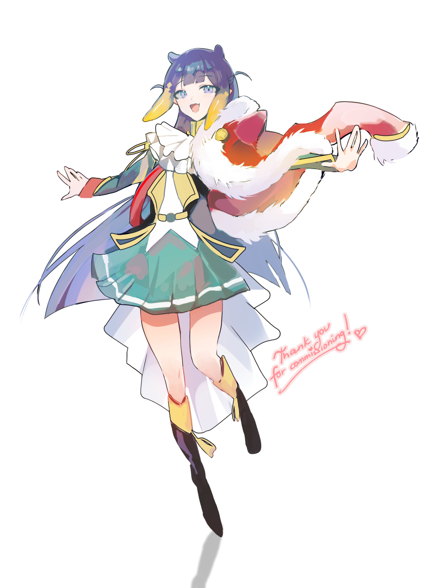1girl :d absurdres ascot belt black_boots blonde_hair blunt_bangs blunt_ends boots commentary commission cosplay fang full_body fur-trimmed_jacket fur_trim green_skirt hands_up heart highres hololive hololive_english jacket jacket_on_shoulders knee_boots light_blush long_hair long_sleeves looking_at_viewer macchirei miniskirt multicolored_hair ninomae_ina&#039;nis open_clothes open_jacket open_mouth outstretched_arms pleated_skirt purple_eyes purple_hair red_jacket red_sash sash shadow shirt shoujo_kageki_revue_starlight shoulder_sash sidelocks simple_background single_stripe skin_fang skirt smile solo standing standing_on_one_leg striped_clothes striped_skirt tentacle_hair thank_you tsuyuzaki_mahiru tsuyuzaki_mahiru_(cosplay) two-tone_hair two_side_up very_long_hair virtual_youtuber waist_cape white_ascot white_background white_shirt yellow_belt