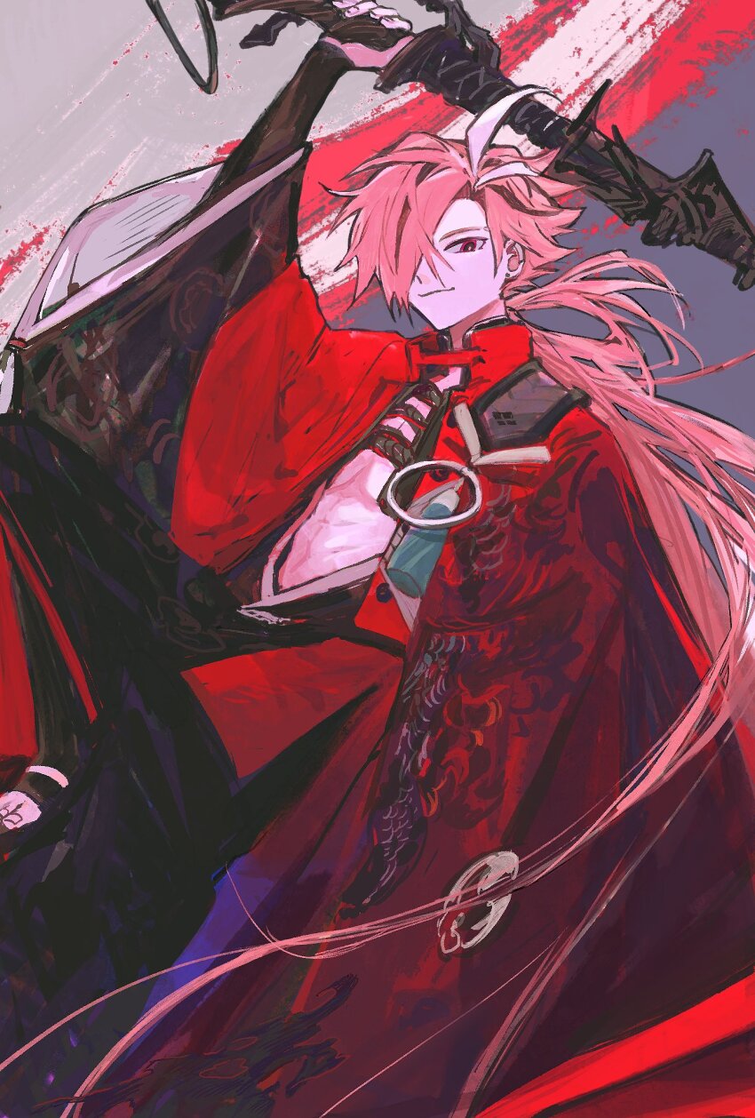 1boy dragon_print earrings eyebrow_cut fate/grand_order fate_(series) hair_over_one_eye hapenka highres holding japanese_clothes jewelry long_hair long_sleeves looking_at_viewer low_ponytail male_focus multicolored_hair nagatekkou pectoral_cleavage pectorals ponytail red_eyes red_hair smile solo streaked_hair takasugi_shinsaku_(fate) toned toned_male underpec very_long_hair white_hair
