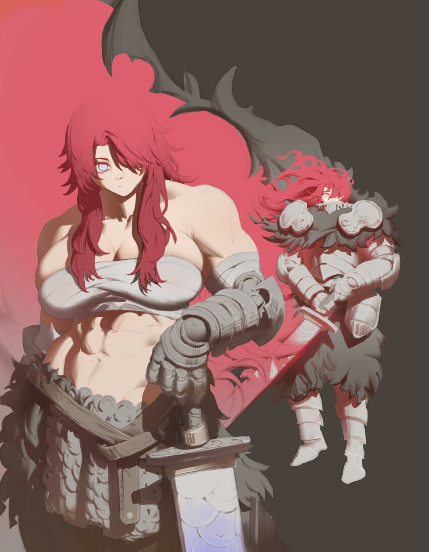 1girl abs absurdres angvall armor breasts centuria_(manga) chainmail cloak fur_cloak fur_trim gauntlets greatsword highres large_breasts leather_belt long_hair muscular muscular_female pacpoi pauldrons plate_armor purple_eyes red_background red_hair sarashi shoulder_armor solo sword weapon