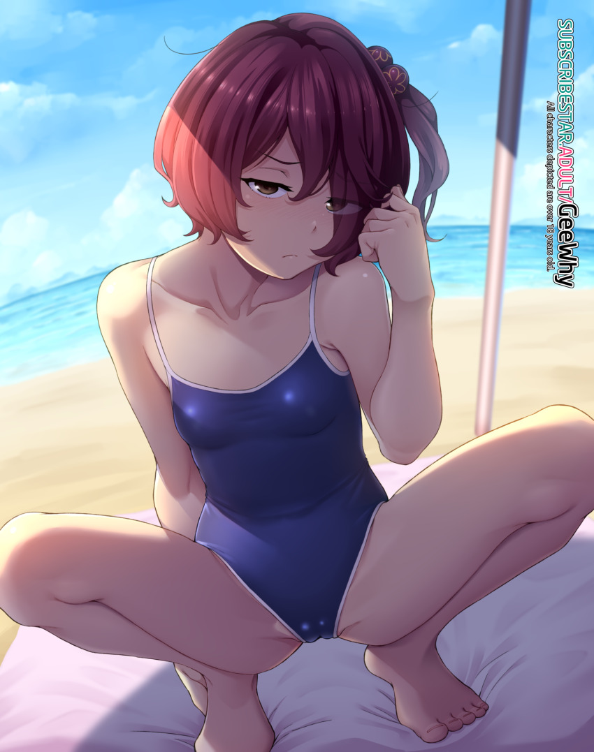 1girl beach blue_one-piece_swimsuit blue_sky breasts cameltoe cloud competition_school_swimsuit day geewhy highres horizon komari_chika looking_at_viewer make_heroine_ga_oo_sugiru! ocean one-piece_swimsuit one_side_up outdoors pole red_eyes red_hair school_swimsuit short_hair sky small_breasts solo spread_legs squatting swimsuit