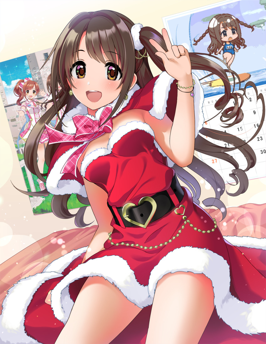 2girls arm_support bare_shoulders belly_chain belt black_belt blush bow bowtie bracelet breasts brown_eyes brown_hair buckle calendar_(object) chibi cleavage dot_nose dress earrings hair_bow hand_up heart heart-shaped_buckle highres idolmaster idolmaster_cinderella_girls idolmaster_cinderella_girls_starlight_stage igarashi_kyoko jewelry long_hair looking_at_viewer medium_breasts multiple_bracelets multiple_girls natsuya_(natuya777) on_bed one_side_up open_mouth pink_bow pink_bowtie plaid_bow plaid_bowtie plaid_clothes poster_(object) santa_capelet santa_costume santa_dress shimamura_uzuki sitting sleeveless sleeveless_dress smile teeth upper_teeth_only v white_bow