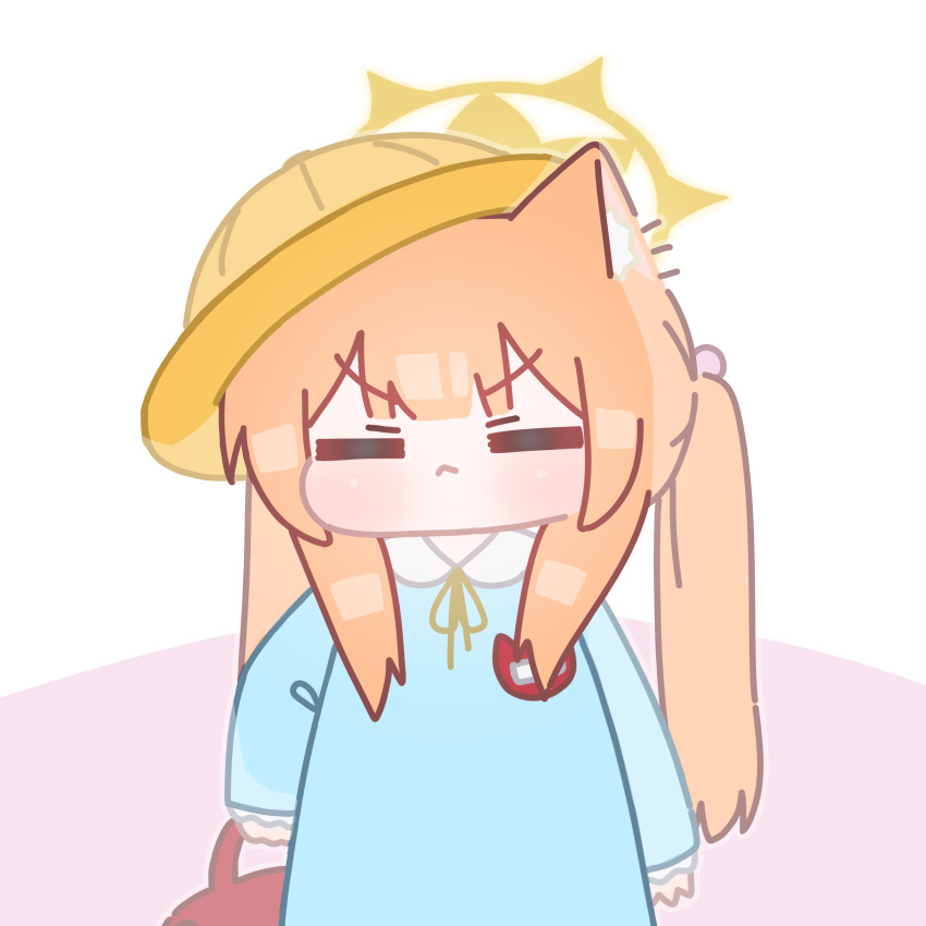 :&lt; =_= absurdres animal_ears blue_archive blue_dress cat_ears cat_girl closed_mouth commentary_request dress halo hat highres horuhara kindergarten_uniform korean_commentary mari_(blue_archive) name_tag orange_hair school_hat twintails yellow_halo yellow_hat