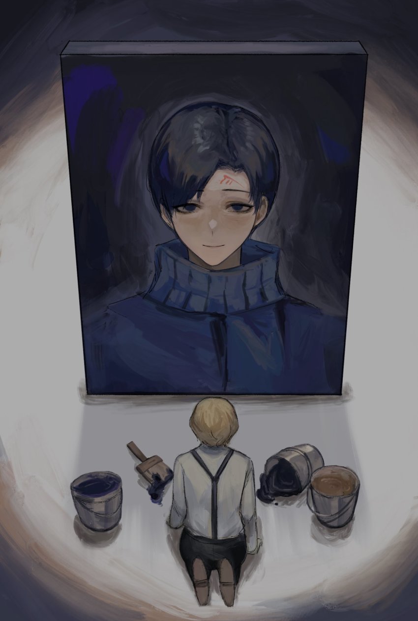 2boys black_eyes black_pants blonde_hair blue_sweater brush bucket cindymeimezu demian_(project_moon) facial_mark highres indoors kneeling light limbus_company multiple_boys pants project_moon shirt short_hair sinclair_(project_moon) suspenders sweater white_shirt