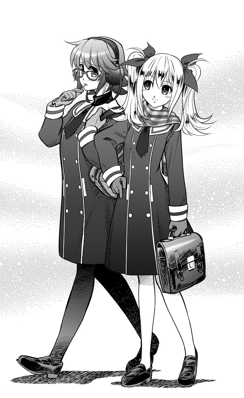 2girls absurdres arimura_hinae bag black_coat black_pantyhose black_shoes blonde_hair blush bow buttons candy chaos;child coat double-breasted eibon food fur_gloves gloves greyscale hair_between_eyes hair_bow hand_on_own_hip headphones hekiho_academy hekiho_academy_school_uniform highres holding holding_bag holding_candy holding_food holding_lollipop holding_strap kazuki_hana leather_bag loafers lollipop lollipop_in_mouth looking_at_another monochrome multiple_girls multiple_hair_bows necktie pantyhose plaid_clothes plaid_scarf scarf shoes short_necktie sketch smile twintails white_pantyhose winter winter_clothes