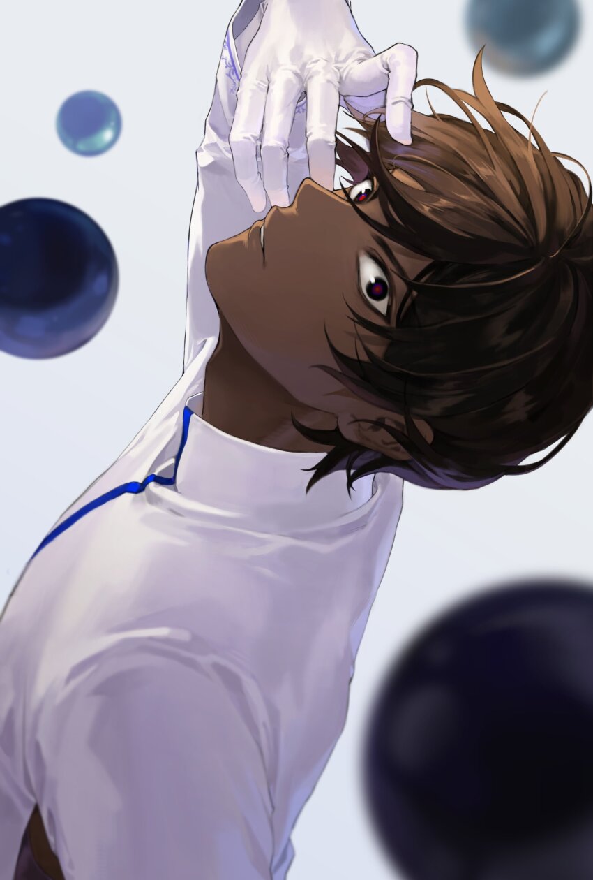 1boy absurdres arjuna_(fate) ball bishounen black_eyes black_hair dark-skinned_male dark_skin fate/grand_order fate_(series) gloves hair_between_eyes hand_on_own_face high_collar highres indian_clothes korean_commentary looking_at_viewer looking_back male_focus potato_goril red_pupils robe short_hair simple_background solo white_background white_gloves white_robe