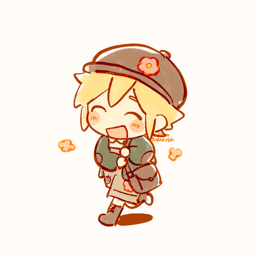1boy 4kkrbk bag basil_(faraway)_(omori) basil_(omori) blonde_hair blush boots brown_boots brown_hat brown_overalls chibi chibi_only closed_eyes collared_shirt full_body handbag hat highres long_sleeves omori open_mouth overall_shorts overalls shirt smile solo twitter_username white_shirt