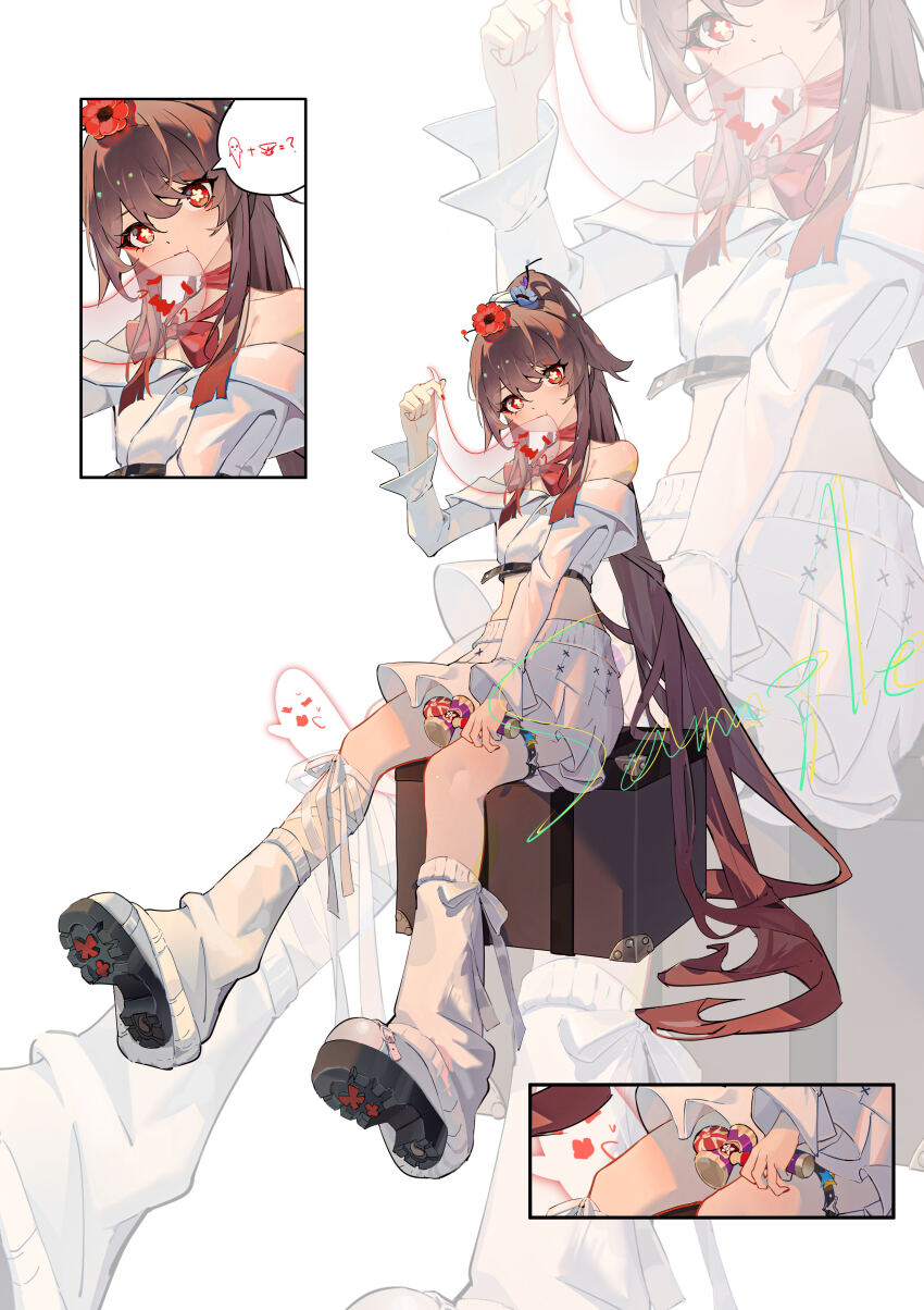 1girl absurdres alternate_costume bare_shoulders boo_tao_(genshin_impact) boots brown_hair crop_top flower flower-shaped_pupils genshin_impact ghost hair_flower hair_ornament highres hu_tao_(genshin_impact) kendama leg_warmers long_hair midriff off-shoulder_shirt off_shoulder plum_blossoms ponytail qixia red_eyes red_nails shirt sitting skirt symbol-shaped_pupils white_boots white_skirt