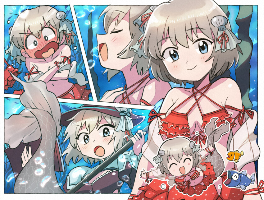1girl bikini bikini_skirt blue_eyes blush book breasts bubble chibi closed_eyes covering_chest covering_privates fins fish hat isla_(cophocoa) kneeless_mermaid mermaid monster_girl multiple_views music open_mouth original red_bikini ribbon sash seashell shell shell_hair_ornament singing small_breasts staff swimsuit tsubobot underwater witch_hat wrist_ribbon