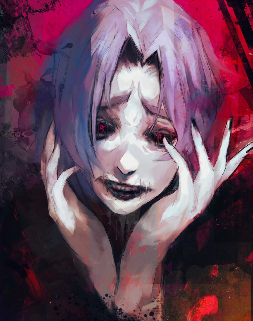 1girl black_lips black_nails black_sclera close-up colored_sclera gradient_background hands_on_own_head highres ishida_sui_(style) kanae_von_rosewald lips looking_at_viewer painterly parted_lips purple_hair red_background red_eyes short_hair solo stitched_eye stitched_mouth stitches teeth tokyo_ghoul tokyo_ghoul:re upper_teeth_only xa8uofivf2mcart
