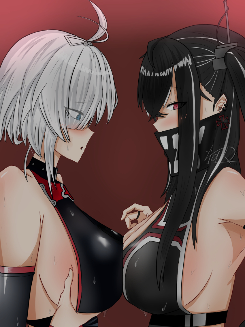 2girls azur_lane bandana bandana_over_mouth black_hair blue_eyes blush breast_press breasts covered_mouth cross cross_earrings crossed_bangs earrings from_side highres iron_cross jewelry large_breasts long_hair looking_at_viewer multicolored_hair multiple_girls parted_lips red_background red_eyes short_hair sideboob streaked_hair symmetrical_docking tak-miyako47 u-47_(azur_lane) u-552_(azur_lane) upper_body white_hair white_streaks