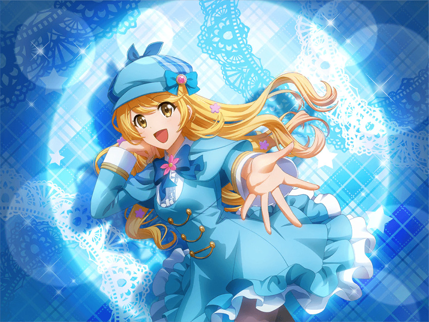 1girl black_pantyhose blonde_hair blue_bow blue_bowtie blue_dress blue_hat bow bowtie cordelia_glauca cordelia_glauca_(cosplay) cosplay dress frilled_dress frills game_cg hat hat_bow long_hair long_sleeves looking_at_viewer newsboy_cap official_art ootsuki_aruru open_mouth orange_eyes pantyhose reaching reaching_towards_viewer shoujo_kageki_revue_starlight shoujo_kageki_revue_starlight_-re_live- solo spotlight tantei_opera_milky_holmes upper_body