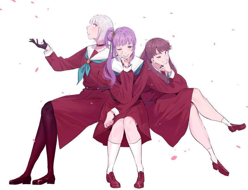 3girls ;) absurdres aqua_neckerchief black_choker black_gloves black_shoes bob_cut brown_dress brown_hair brown_shoes choker closed_mouth commentary crossed_legs dress falling_petals flower fujishima_megumi full_body gloves green_eyes hair_bun hair_flower hair_ornament half_gloves hand_on_own_chin hasu_no_sora_school_uniform highres inverted_bob invisible_chair kneehighs link!_like!_love_live! loafers long_hair long_sleeves looking_at_viewer love_live! mary_janes medium_dress multiple_girls neckerchief o-ring o-ring_choker okpriko one_eye_closed otomune_kozue parted_lips petals pink_petals pleated_dress profile purple_eyes purple_hair red_flower red_hair sailor_collar sailor_dress school_uniform shoes short_hair side_ponytail sidelocks simple_background single_side_bun sitting smile socks solo split_mouth star_(symbol) star_hair_ornament two_side_up virtual_youtuber white_background white_hair white_sailor_collar white_socks winter_uniform yugiri_tsuzuri