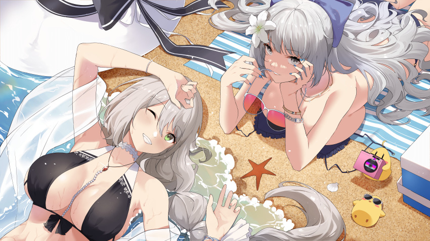 2girls absurdres aquila_(azur_lane) aquila_(sardegnian_shallows_and_sunshine)_(azur_lane) azur_lane beach bikini black_bikini braid breasts cleavage day flower green_eyes grey_eyes grey_hair grin hair_flower hair_ornament hair_spread_out highres holding holding_removed_eyewear huge_breasts large_breasts long_hair looking_at_viewer lying manjuu_(azur_lane) multiple_girls mush_(mushlicious) ocean official_alternate_costume on_back on_stomach one_eye_closed outdoors single_braid smile sunglasses swimsuit unworn_eyewear vittorio_veneto_(azur_lane) vittorio_veneto_(the_flower_of_la_spezia)_(azur_lane) water white_flower
