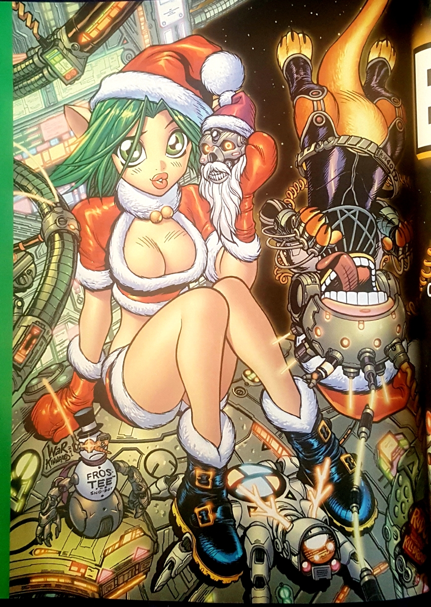 absurdres breasts christmas cleavage daxter green_eyes green_hair hat highres jak_and_daxter keira_hagai legs naughty_dog pointy_ears puckered_lips santa_costume santa_hat short_shorts shorts solo thighs