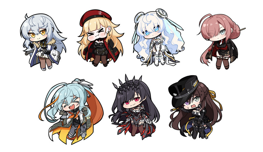 &gt;_&lt; 6+girls :d absurdres ahoge beret blacha_(dkskek157) black_hair blonde_hair blue_eyes blue_hair blunt_bangs blush braid braided_bun brown_hair cape chibi ciel_(counter:side) colored_inner_hair counter:side crossed_arms dragon_print expressionless eyeliner gaeun_(counter:side) gambler_(counter:side) grey_eyes grey_hair hair_bun hair_ornament hair_over_one_eye hairpin half_updo hat headgear heterochromia highres honeycomb_(pattern) horizon_(counter:side) jacket karin_wong korean_commentary light_blue_hair long_hair looking_at_viewer multicolored_hair multiple_girls neckerchief necktie open_clothes open_jacket open_mouth orange_hair orange_neckerchief pantyhose peaked_cap ponytail puffy_cheeks purple_eyes red_eyeliner red_eyes red_headwear rosaria_le_friede sigma_(counter:side) simple_background smile smug streaked_hair sweatdrop thighhighs tiara unmoving_pattern v very_long_hair wavy_hair white_background white_hair white_necktie xd xt yellow_eyes