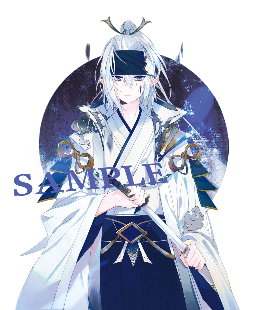 1boy alternate_costume alternate_universe aotu_world armor blue_hakama closed_mouth cowboy_shot grey_(aotu_world) hair_between_eyes hair_ornament hakama hakama_skirt headband high_ponytail highres holding holding_sword holding_weapon japanese_clothes katana kelme kimono long_hair long_sleeves looking_at_viewer male_focus pointy_ears ponytail purple_eyes sample_watermark sheath simple_background skirt solo standing sword tassel watermark weapon white_background white_hair white_kimono wide_sleeves