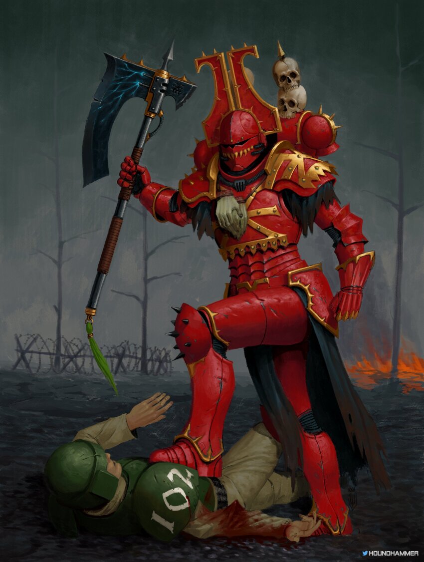 1boy 1girl absurdres adepta_sororitas arm_up armor armored_boots astra_militarum axe barbed_wire battle_axe boots breastplate broken_arm cape chaos_(warhammer) fallen_sisters_(warhammer) faulds fire foot_on_chest full_armor gauntlets greaves halberd helm helmet highres hip_armor holding holding_axe holding_sword holding_weapon houndhammer khorne leg_armor looking_at_another lying on_back on_ground outdoors pauldrons pelvic_curtain plate_armor polearm red_armor shoulder_armor skull spiked_armor standing_on_person stepped_on sword twitter_username vambraces violence waist_cape warhammer_40k weapon