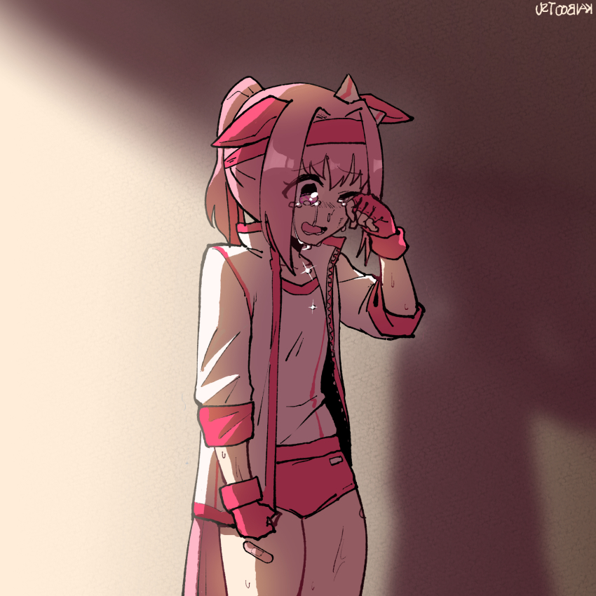 1girl animal_ears bandaid bandaid_on_leg bow buruma commentary crying crying_with_eyes_open ear_bow english_commentary fingerless_gloves flower-shaped_pupils gloves haru_urara_(umamusume) headband highres horse_ears horse_girl horse_tail jacket kaibootsu pink_buruma pink_hair pink_headband shirt solo symbol-shaped_pupils tail tears umamusume white_jacket white_shirt wiping_tears
