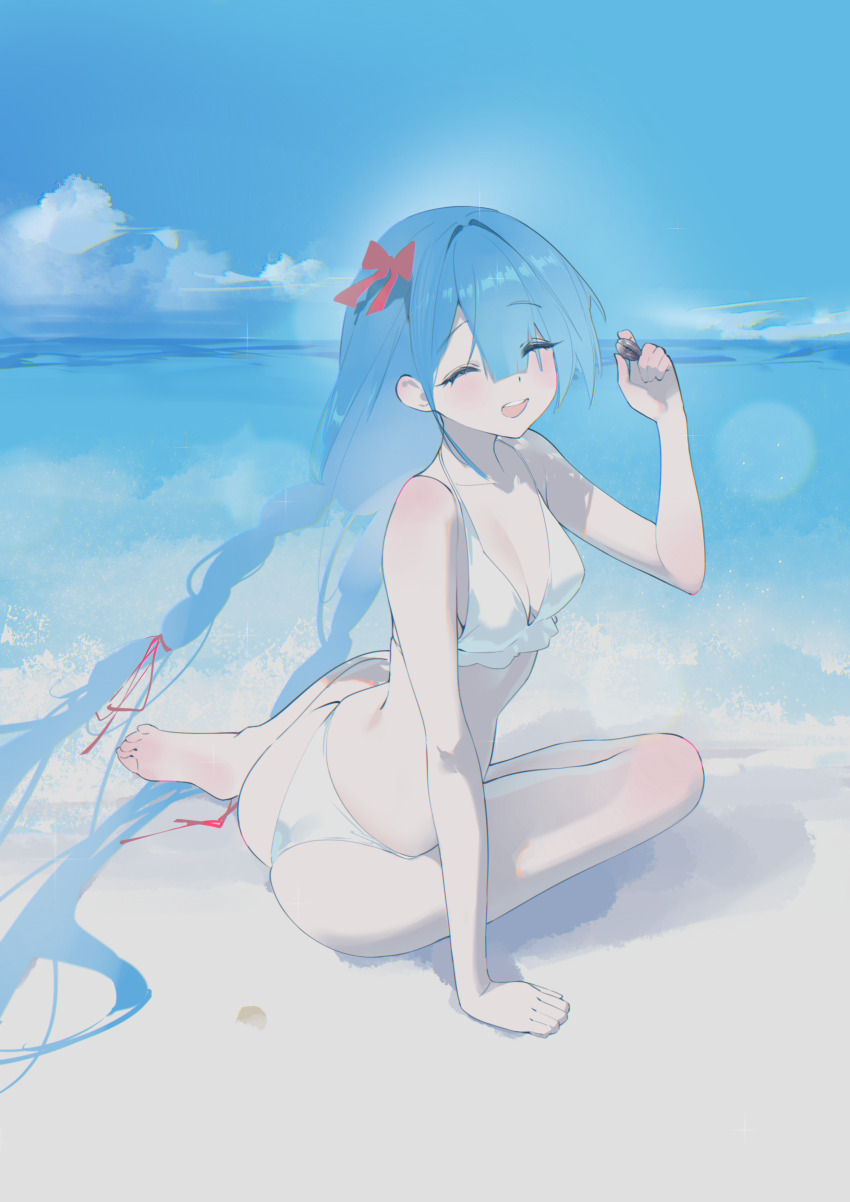 1girl absurdres alternate_costume annlee arm_support ass azur_lane bare_arms bare_legs bare_shoulders barefoot beach bikini blue_hair blue_sky bow braid breasts chinese_commentary cleavage closed_eyes cloud collarbone commentary_request day feet hair_bow hair_ribbon highres holding_seashell janus_(azur_lane) long_hair low_twin_braids medium_breasts ocean open_mouth red_bow red_ribbon ribbon sand seashell shell sitting sky smile soles solo sunlight swept_bangs swimsuit teeth toes twin_braids twisted_torso upper_teeth_only very_long_hair water white_bikini