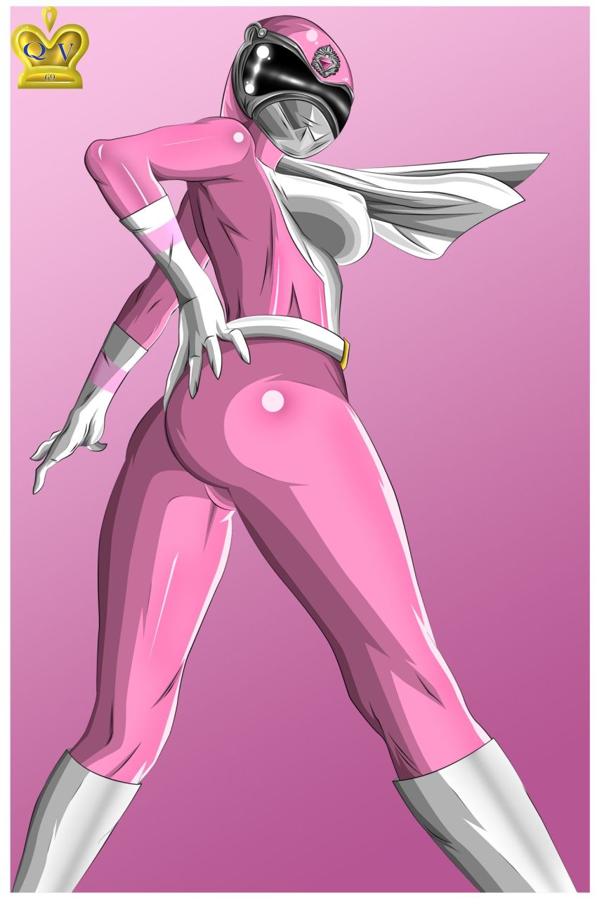 ass cape dai_sentai_goggle_v goggle_pink hands_on_own_hips highres huge_ass looking_back pink_outfit queen_vegeta_69 super_sentai turned_around