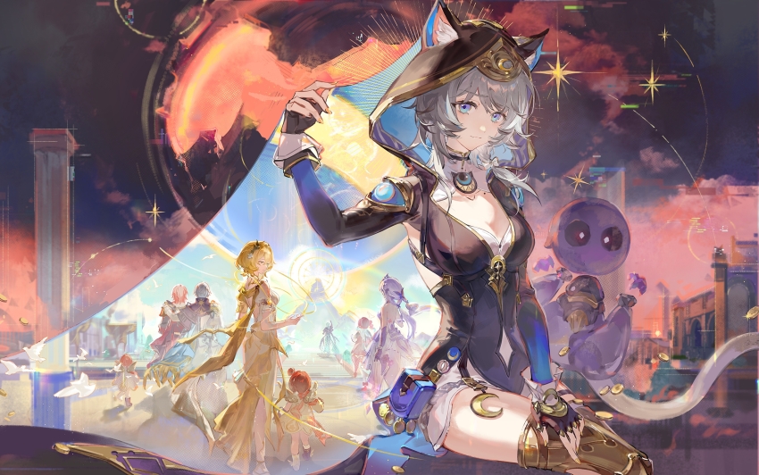 3boys 6+girls aglaea_(honkai:_star_rail) anaxa_(honkai:_star_rail) animal_ears animal_hood black_gloves black_leotard black_sky blonde_hair blue_eyes blue_sky boots breasts castorice_(honkai:_star_rail) cat_ears cat_girl cat_hood cat_tail chinese_commentary chrysos_heirs_(honkai:_star_rail) cipher_(honkai:_star_rail) cleavage commentary_request dress fingerless_gloves gloves gold_boots grey_hair highres honkai:_star_rail honkai_(series) hood hyacine_(honkai:_star_rail) laurel_crown leotard looking_at_viewer medium_breasts mole mole_on_breast multiple_boys multiple_girls mydei_(honkai:_star_rail) phainon_(honkai:_star_rail) pouch purple_hair qingming_tiaohetu red_hair short_hair_with_long_locks sitting sky spirithief_bartholos_(honkai:_star_rail) tail thigh_boots thighs tribbie_(honkai:_star_rail) trinnon_(honkai:_star_rail) white_dress white_hair