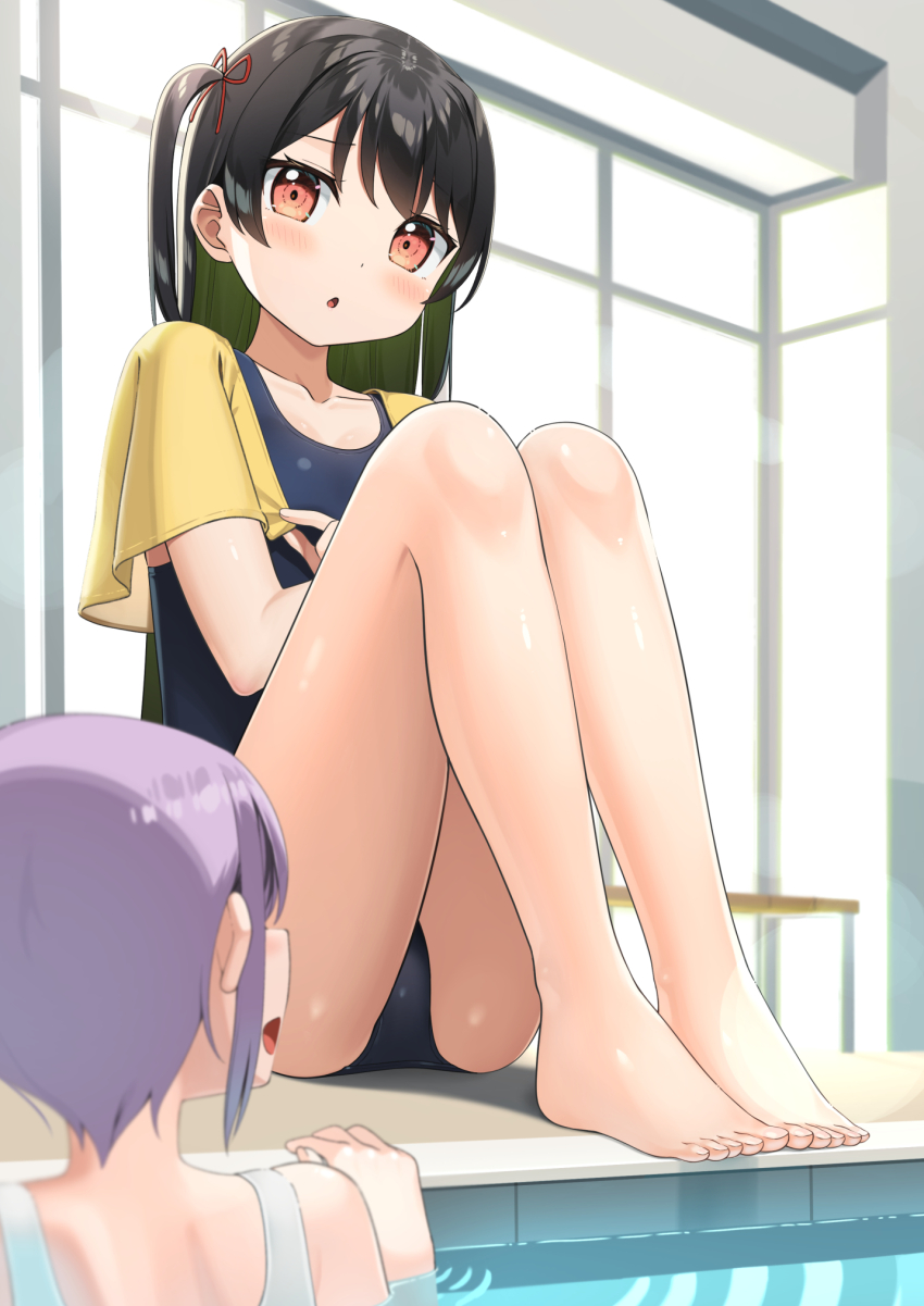 2girls apollo_(hu_maple) barefoot black_hair black_one-piece_swimsuit commentary_request highres multiple_girls one-piece_swimsuit one_side_up original poolside red_eyes school_swimsuit short_hair solo_focus swimsuit towel towel_around_neck