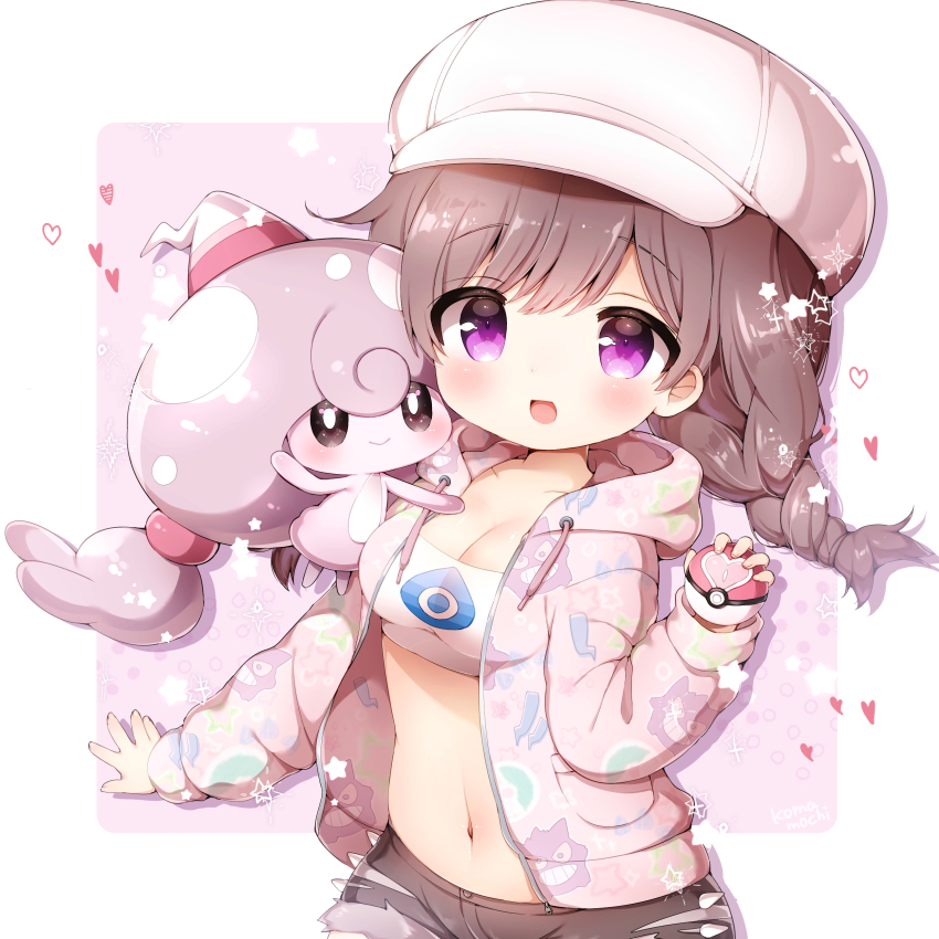 1girl 1other :d absurdres alternate_color bad_id bad_pixiv_id blush braid breasts brown_hair newsboy_cap cleavage collarbone commentary_request cowboy_shot cutoffs denim denim_shorts drawstring gen_8_pokemon gloria_(pokemon) hat hattrem heart highres holding holding_poke_ball hood hood_down hooded_jacket jacket long_sleeves looking_at_viewer love_ball medium_breasts midriff momozu_komamochi navel nintendo on_shoulder open_clothes open_jacket open_mouth pink_background pink_jacket poke_ball poke_ball_(basic) poke_ball_print pokemon pokemon_(creature) pokemon_on_shoulder pokemon_swsh purple_eyes shiny_pokemon short_shorts shorts sidelocks simple_background smile solo_focus standing star_(symbol) star_symbol_background strapless tube_top twin_braids two-tone_background white_background white_headwear white_tube_top