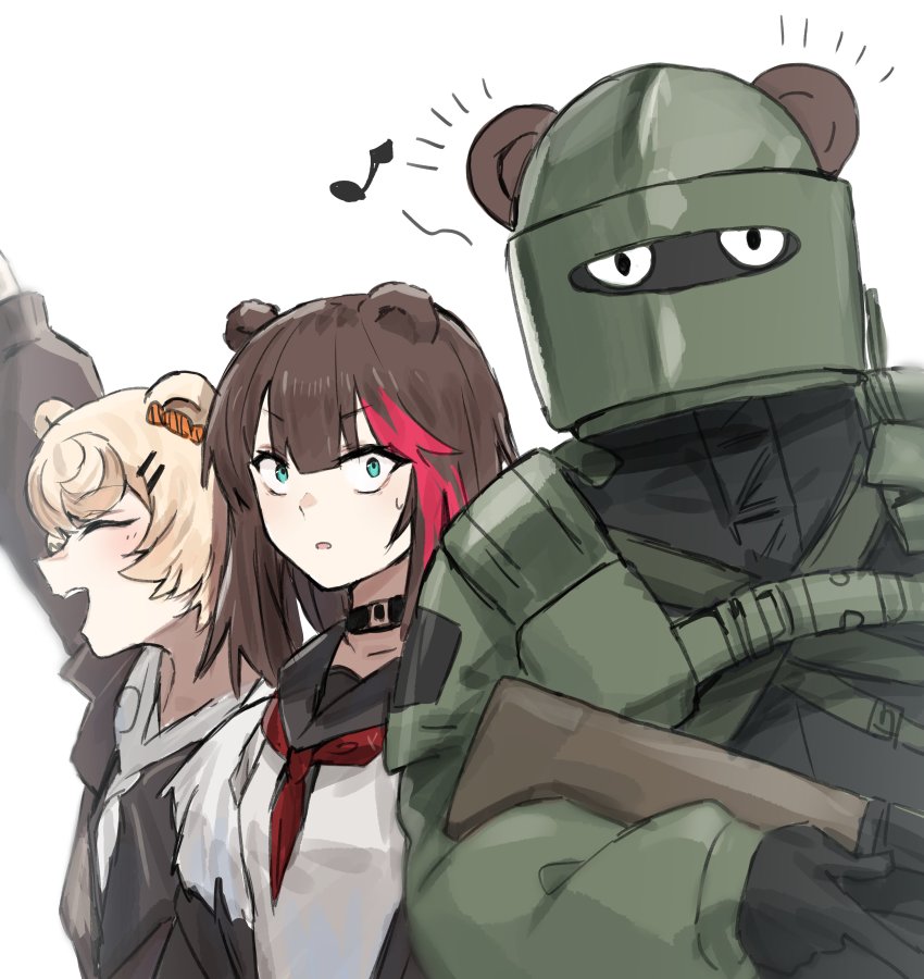 1boy 2girls absurdres animal_ears arknights ballistic_face_mask ballistic_face_shield ballistic_helmet bear_ears bear_girl blonde_hair body_armor brown_hair crossover fake_animal_ears food-themed_hair_ornament gummy_(arknights) gun hair_ornament helmet highres holding holding_gun holding_weapon horn/wood maska military military_uniform multiple_girls rainbow_six_siege school_uniform serafuku sweatdrop tachanka_(rainbow_six_siege) trigger_discipline visor visor_(armor) waving weapon zima_(arknights)