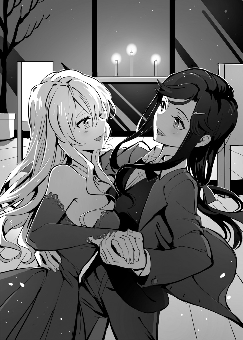 2girls absurdres black_suit blonde_hair brown_hair couple dancing dress formal_clothes greyscale hair_ribbon hand_on_another&#039;s_arm hand_on_another&#039;s_waist highres holding_hands jewelry long_hair looking_at_another monochrome multiple_girls necklace necktie ribbon saijou_claudine shoujo_kageki_revue_starlight shoujo_kageki_revue_starlight_-re_live- smile suit tendou_maya waltz_(dance) yuri