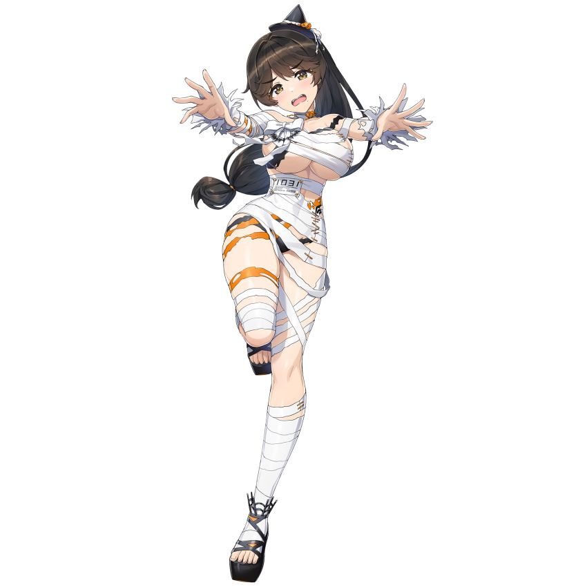 1girl bandaged_arm bandaged_chest bandaged_leg bandages breasts brown_eyes brown_hair cleavage dolphin_wave game_cg halloween halloween_costume hat highres large_breasts long_hair low-tied_long_hair mini_hat mole mole_under_mouth mummy mummy_costume naked_bandage non-web_source official_art ootomo_takuji open_mouth outstretched_arms ponytail running skindentation underboob witch_hat yamaba_yume