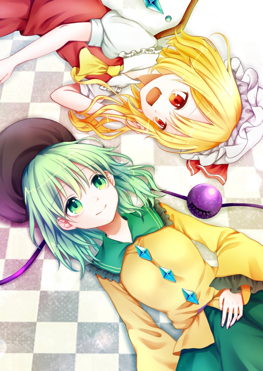 2girls absurdres ascot blonde_hair checkered_floor closed_mouth commentary_request eye_contact fang flandre_scarlet green_eyes green_hair green_skirt hat hat_ribbon highres komeiji_koishi long_hair long_sleeves looking_at_another lying medium_hair mob_cap multiple_girls on_back open_mouth puffy_short_sleeves puffy_sleeves red_eyes red_ribbon red_skirt ribbon rnkgmn shirt short_sleeves skirt skirt_set smile touhou vest white_hat wide_sleeves wings yellow_shirt