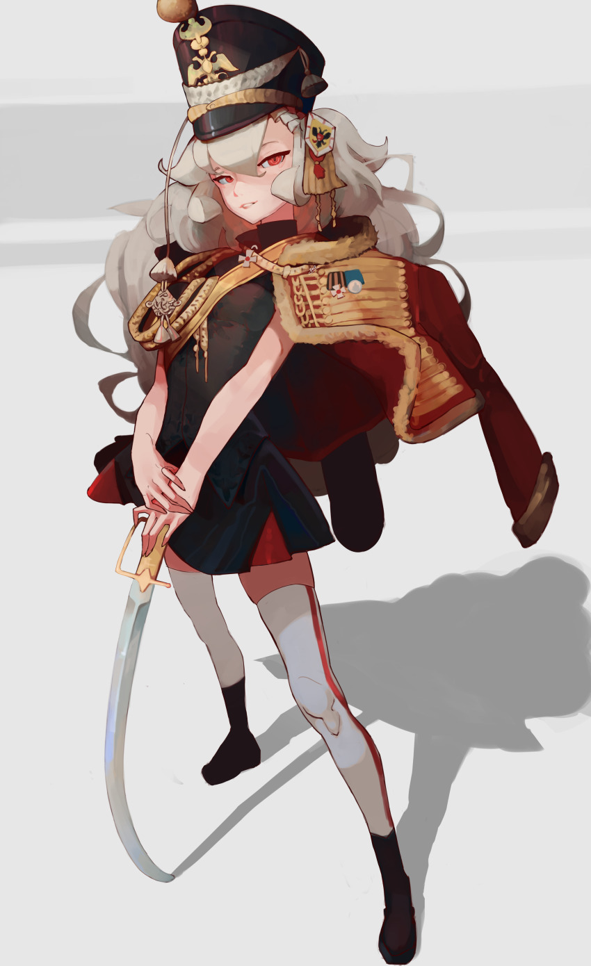 1girl absurdres aiguillette alpha_(alpha_1918) artist_name black_boots black_dress black_shirt boots capelet clenched_teeth cross cross_pendant deo_artist double-headed_eagle dress fluffy_hair frogging grin hair_ornament hat high_collar highres holding holding_own_hand holding_sword holding_weapon hussar imperial_russian_army jacket jacket_on_shoulders lips long_hair looking_at_viewer medal military military_uniform napoleonic_wars narrowed_eyes non-web_source open_collar original ornate ornate_clothes pelisse petticoat pleated_skirt red_eyes red_jacket red_petticoat ribbon_of_saint_george russia russian_empire saber_(weapon) seductive_smile shadow shako_cap shirt signature skirt smile soldier solo standing striped_clothes striped_thighhighs sword sword_knot teeth thighhighs thighs weapon white_background