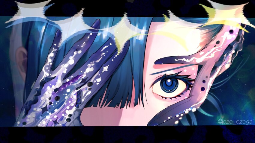 1girl black_eyes black_hair close-up eye_focus eze_ezega gloves hands_on_own_face highres letterboxed looking_at_viewer medalist_(manga) okazaki_iruka solo twitter_username
