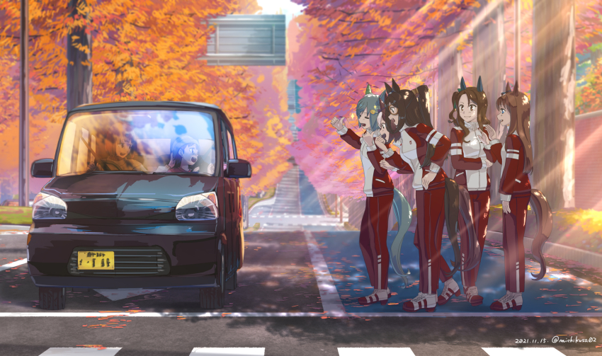 1boy 6+girls =_= animal_ears arm_at_side breasts brown_hair bus car commentary_request crosswalk dated day domino_mask el_condor_pasa_(umamusume) elbow_rest golden_generation_(umamusume) grass_wonder_(umamusume) hair_ornament hairclip heel_up highres horse_ears horse_girl horse_tail jacket king_halo_(umamusume) long_hair long_sleeves looking_at_another mask motor_vehicle multicolored_shoes multiple_girls one_side_up open_mouth outdoors pants pointing pointing_at_self ponytail red_jacket red_pants red_shoes road seiun_sky_(umamusume) shoes short_hair small_breasts smile sneakers special_week_(umamusume) standing sunlight tail takuzui toyota_prius tracen_training_uniform track_suit traffic tree twitter_username two-tone_shoes umamusume waving white_shoes winter_uniform