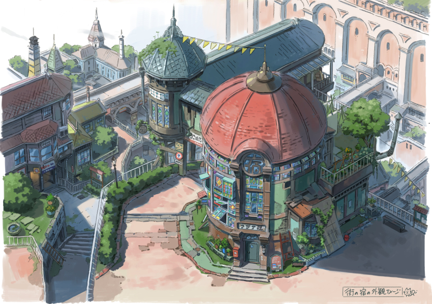 barrel bridge building bush city cityscape concept_art day door flower grass highres no_humans original outdoors plant poten potted_plant railing road scenery shop sign signature stairs street tree window