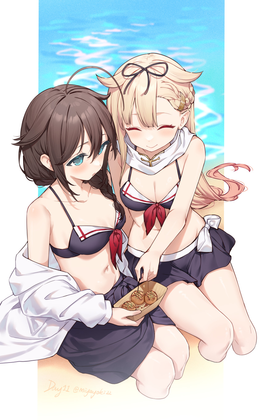 2girls absurdres ahoge bikini black_bikini black_ribbon black_sarong blue_eyes braid breasts closed_eyes food gradient_hair hair_between_eyes hair_flaps hair_ornament hair_over_shoulder hair_ribbon hairclip highres kantai_collection long_hair medium_breasts miyayoki multicolored_hair multiple_girls navel official_alternate_costume pink_hair ribbon sailor_bikini sailor_collar sarong scarf shigure_(kancolle) shigure_kai_ni_(kancolle) shigure_kai_ni_(swimsuit)_(kancolle) single_braid smile swimsuit takoyaki very_long_hair white_scarf yuudachi_(kancolle) yuudachi_kai_ni_(kancolle) yuudachi_kai_ni_(swimsuit)_(kancolle)