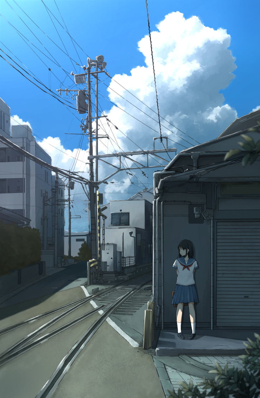 1girl anyotete black_eyes black_hair black_shoes blue_sailor_collar blue_skirt blue_sky blurry briefcase building bush city cityscape cloud commentary_request cumulonimbus_cloud day depth_of_field highres holding holding_briefcase loafers medium_hair neckerchief open_mouth original outdoors pleated_skirt power_lines railroad_crossing railroad_tracks red_neckerchief road sailor_collar scenery school_uniform serafuku shadow shirt shoes short_sleeves sidelocks skirt sky socks solo utility_pole white_shirt white_socks wide_shot