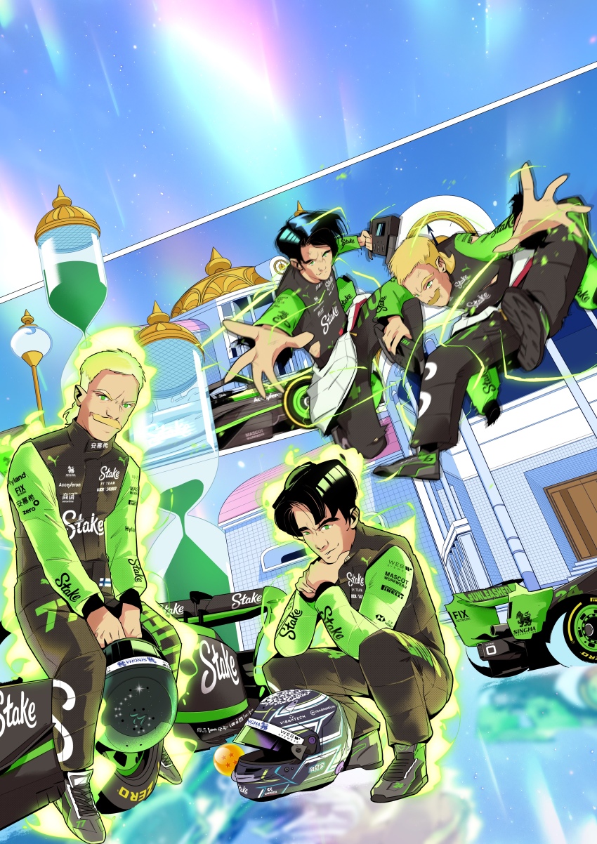 2boys absurdres black_eyes black_footwear black_hair black_helmet black_jumpsuit blonde_hair blue_eyes car dragon_ball dragon_ball_(object) dragonball_z formula_one hair_behind_ear helmet highres holding holding_helmet hourglass hyperbolic_time_chamber in-universe_location juan_alcala jumpsuit looking_at_viewer motor_vehicle mullet multiple_boys official_art race_vehicle racecar real_life sauber sauber_c44 smile spoiler_(automobile) squatting textless_version unworn_headwear unworn_helmet valtteri_bottas zhou_guanyu