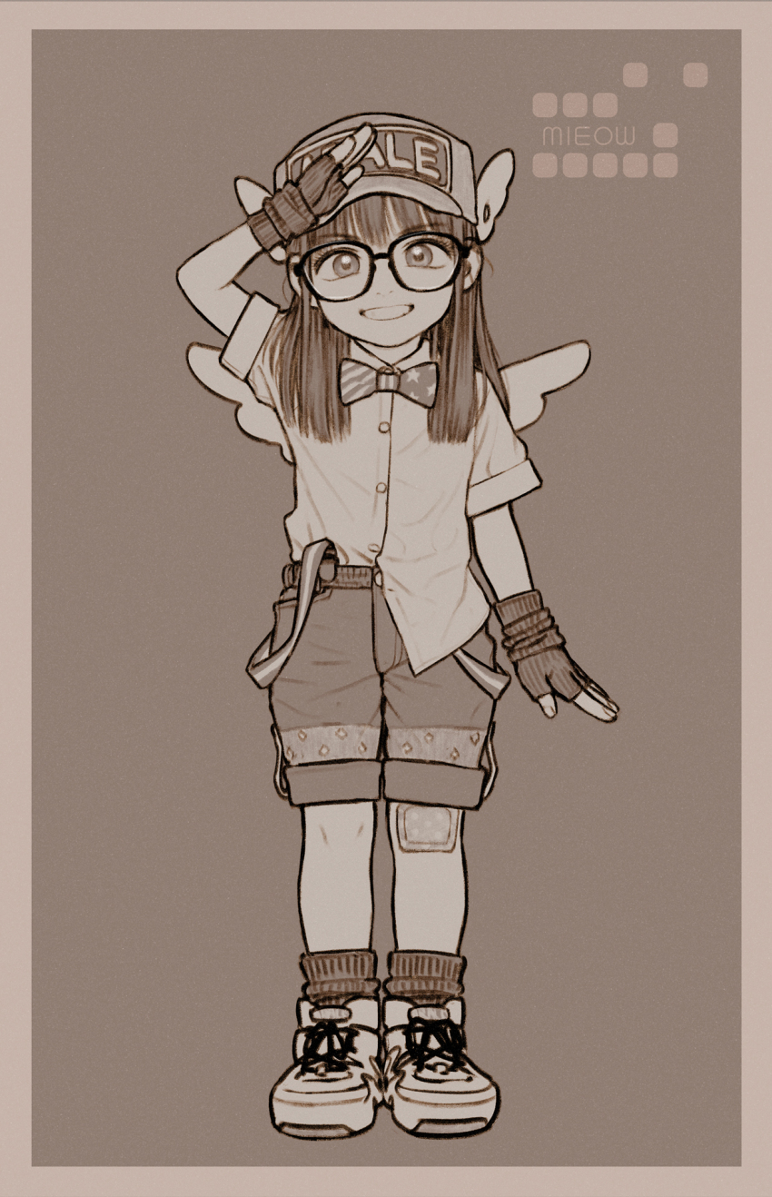 1girl arm_up bandaid bandaid_on_knee bandaid_on_leg baseball_cap border bow bowtie buttons character_name child circle_name clothes_writing collared_shirt commentary_request dr._slump fingerless_gloves full_body glasses gloves grin hat highres legs_together long_hair looking_at_viewer monochrome norimaki_arale print_bow print_bowtie ribbed_gloves ribbed_socks rustle salute sepia shirt shirt_partially_tucked_in shoes short_sleeves shorts simple_background smile socks solo standing straight-on straight_hair suspenders_hanging traditional_bowtie winged_hat wings