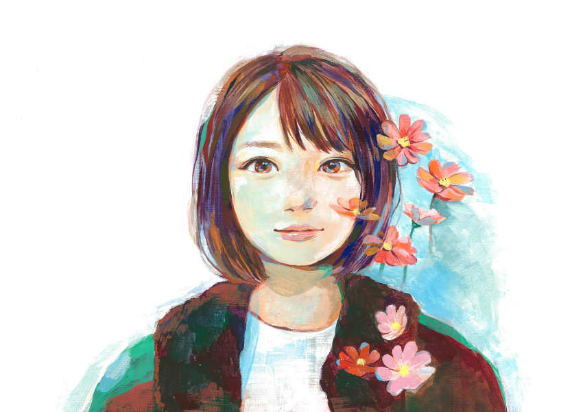 1girl absurdres acrylic_paint_(medium) asian brown_eyes brown_hair flower fur_trim highres jacket junjunforever lips looking_at_viewer multicolored_eyes multicolored_hair original painting_(medium) parted_bangs portrait short_hair smile solo traditional_media white_background