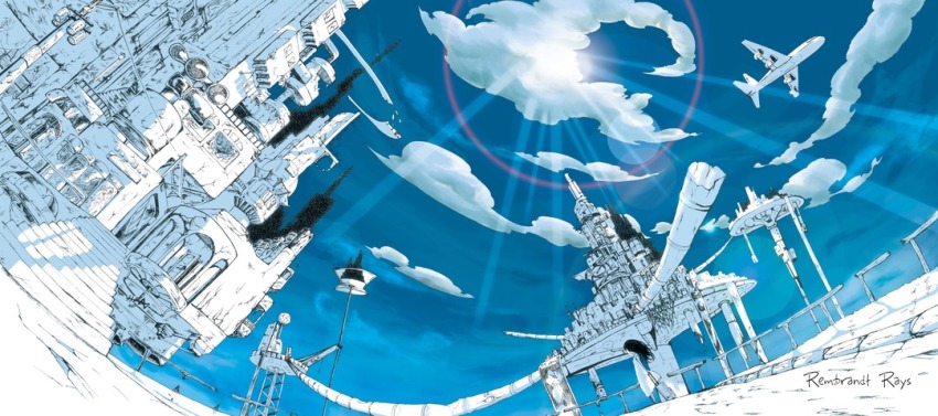1girl aircraft airplane album_cover artist_request atlantis_airport_(band) black_hair blue_sky city cloud cover day dress fisheye full_body lens_flare light_rays limited_palette marmalade_butcher_(band) official_art outdoors rolling_suitcase scenery sky solo song_name suitcase sundress third-party_source white_dress