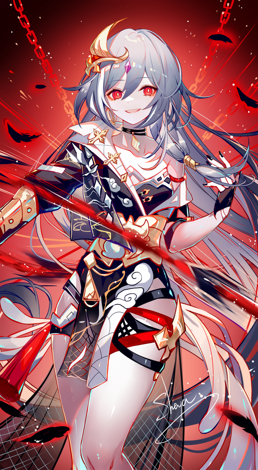 1girl :d black_choker black_gloves black_nails chain choker feet_out_of_frame fingerless_gloves gloves grey_hair hair_between_eyes hair_ornament herrscher_of_sentience highres honkai_(series) honkai_impact_3rd long_hair looking_at_viewer nail_polish open_mouth red_eyes sheya single_bare_shoulder smile solo standing thigh_strap thighs very_long_hair