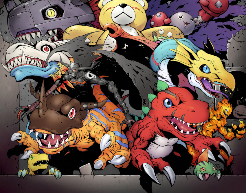 agumon betamon botamon devimon digimon digimon_(creature) greymon horns koromon looking_at_viewer mamemon meramon metalgreymon_(virus) monzaemon numemon open_mouth red_eyes seadramon sharp_teeth sleeping teeth tyranomon wings